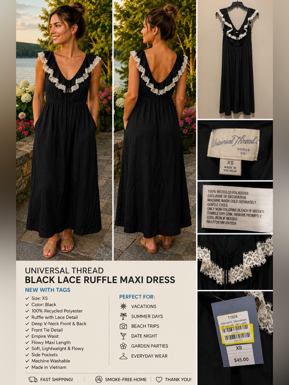 Universal Thread Black Lace Ruffle Maxi Dress XS NWT Flowy Cottagecore Pockets